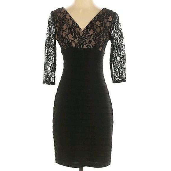 Adrianna Papell Black Lace Illusion Bodycon Dress Sz 4P Cock