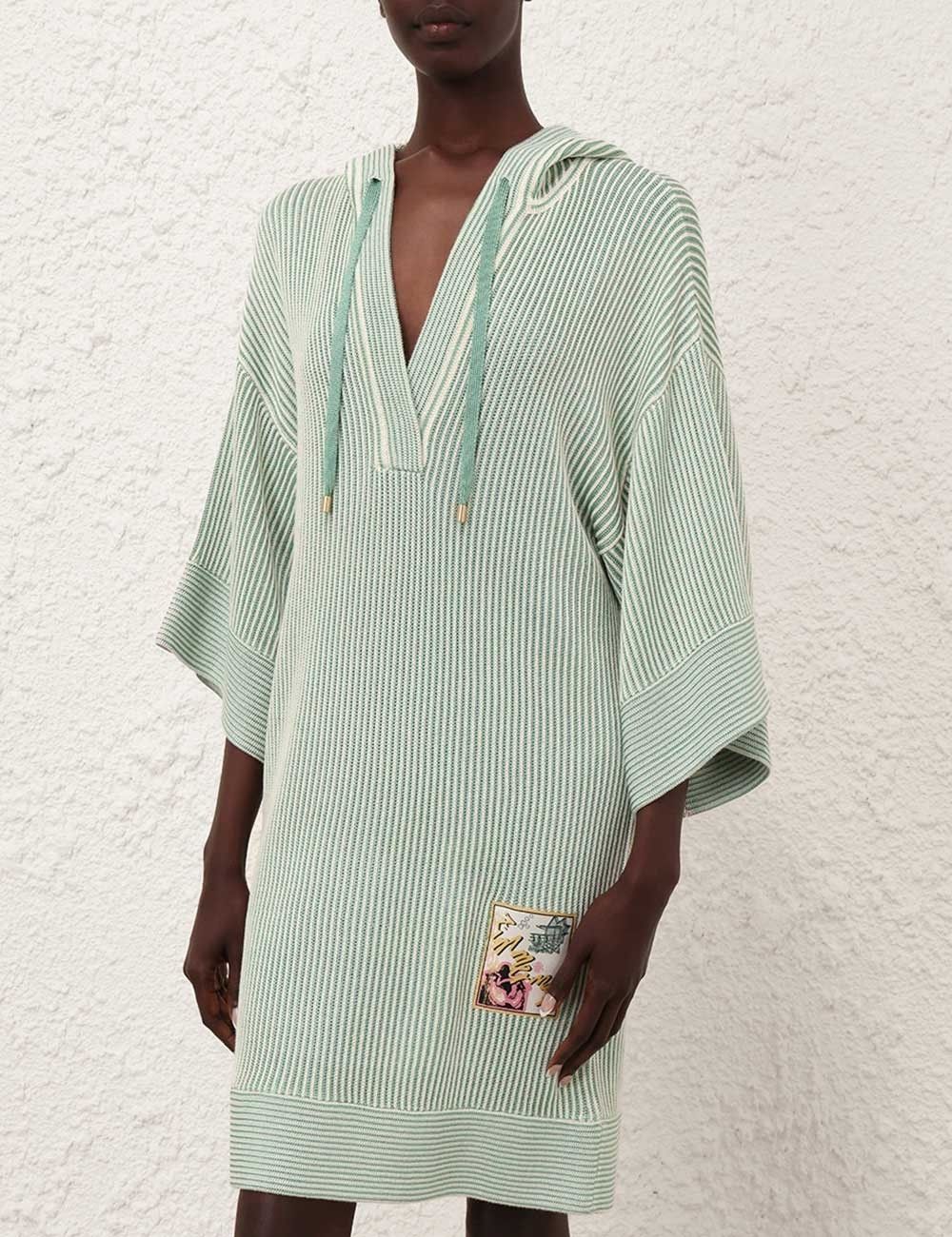 Zimmermann oc11z1025 Acacia Stripe Hooded Mini Dress in Green/Cream Size XS / US 0-2 / IT 36-38 - 2 Thumbnail