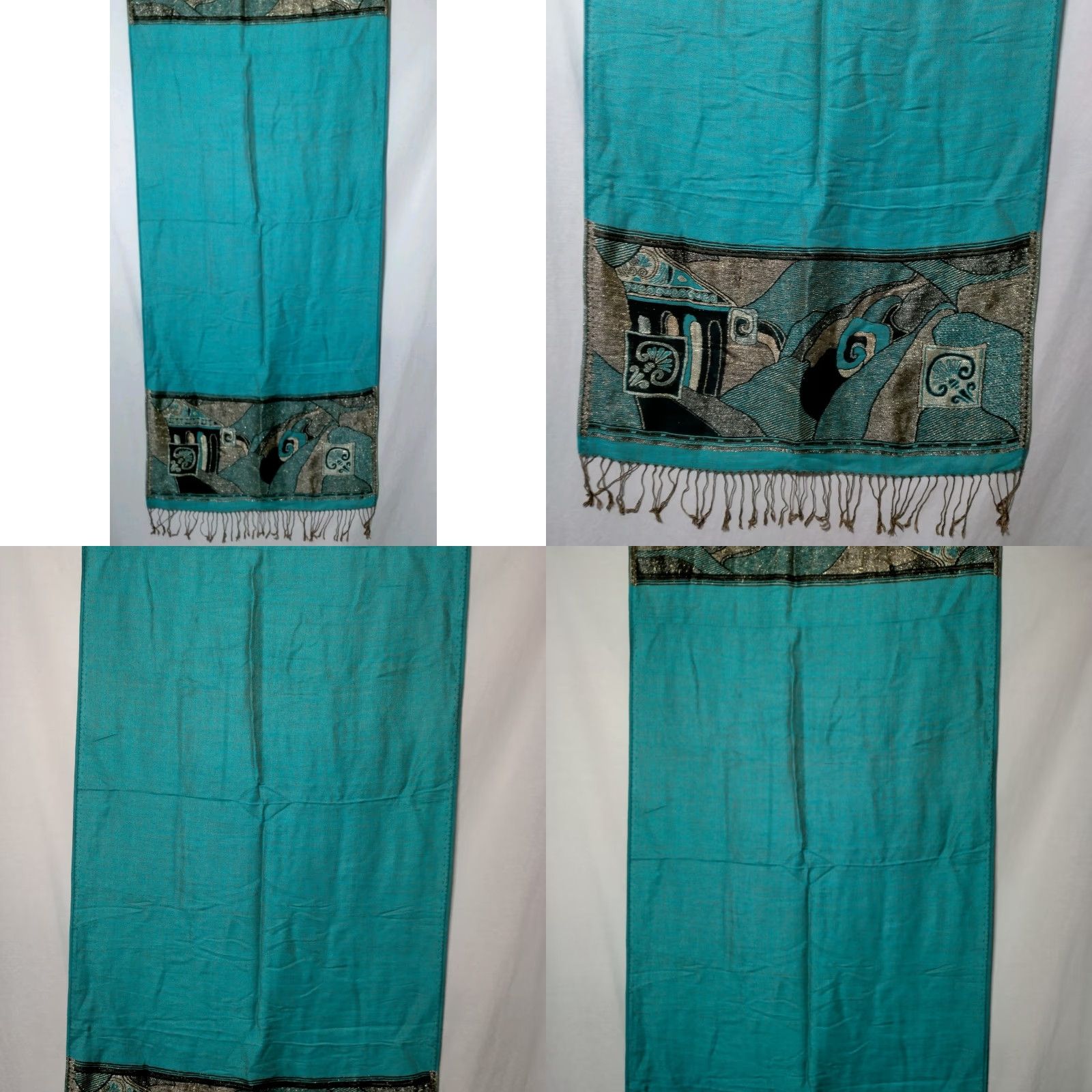 Vintage VINTAGE Cashmere Scarf Woven Turquoise Blue Black Metallic Gold Artsy Boho Wrap Fringe Unisex 75.5x27 Inches Size ONE SIZE - 8 Thumbnail