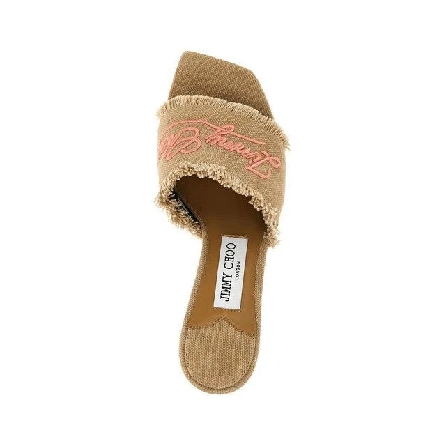 JIMMY CHOO Alexia Beige/Brown Linen 70mm Heeled Sandals New/