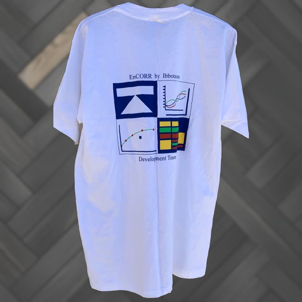 Fruit Of The Loom VINTAGE EnCORR by Ibbotson Development Team T-Shirt Unisex L 1990s White 100% Cotton Short Sleeve Graphic Tee USA Mens/Womens Size US L / EU 52-54 / 3 - 1 Thumbnail
