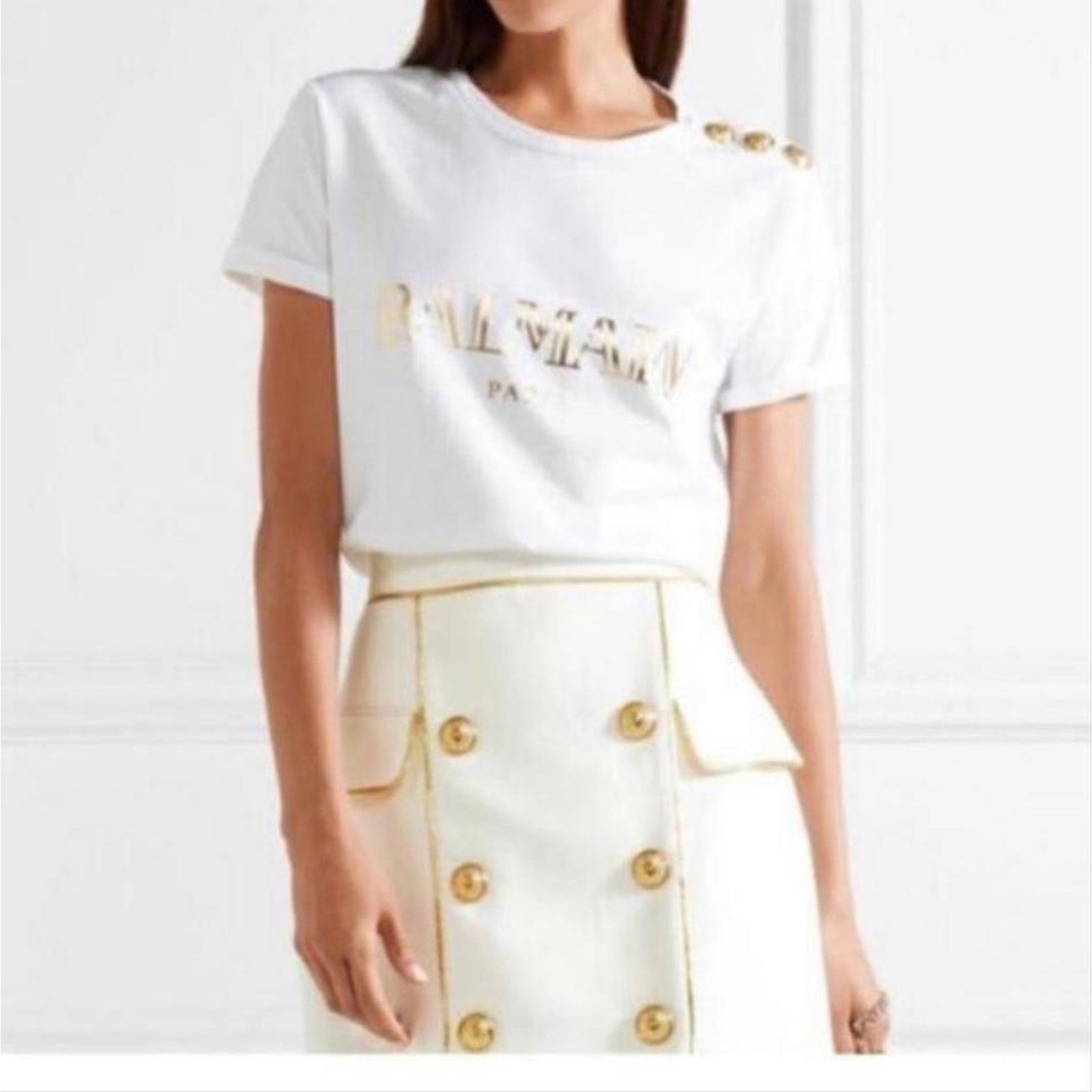 Balmain BALMAIN metallic logo button embellished tee shirt top Size XL / US 12-14 / IT 48-50 - 2 Thumbnail