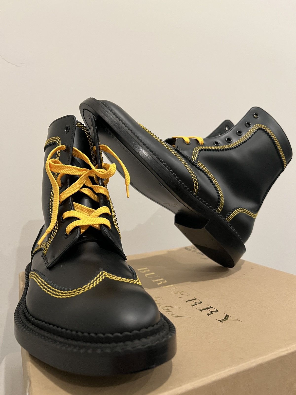 Burberry Burberry Bert Black Leather Yellow Stitching Mid High Boots Size US 11 / IT 41 - 1 Thumbnail