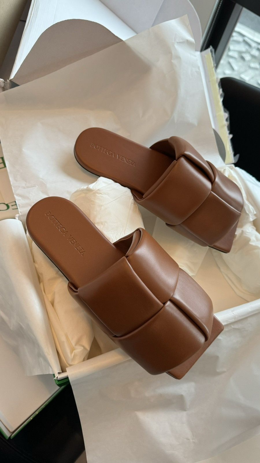 image of Bottega Veneta Patch Leather Flat Mule Shoess Size 41/8 in Brown, Men's