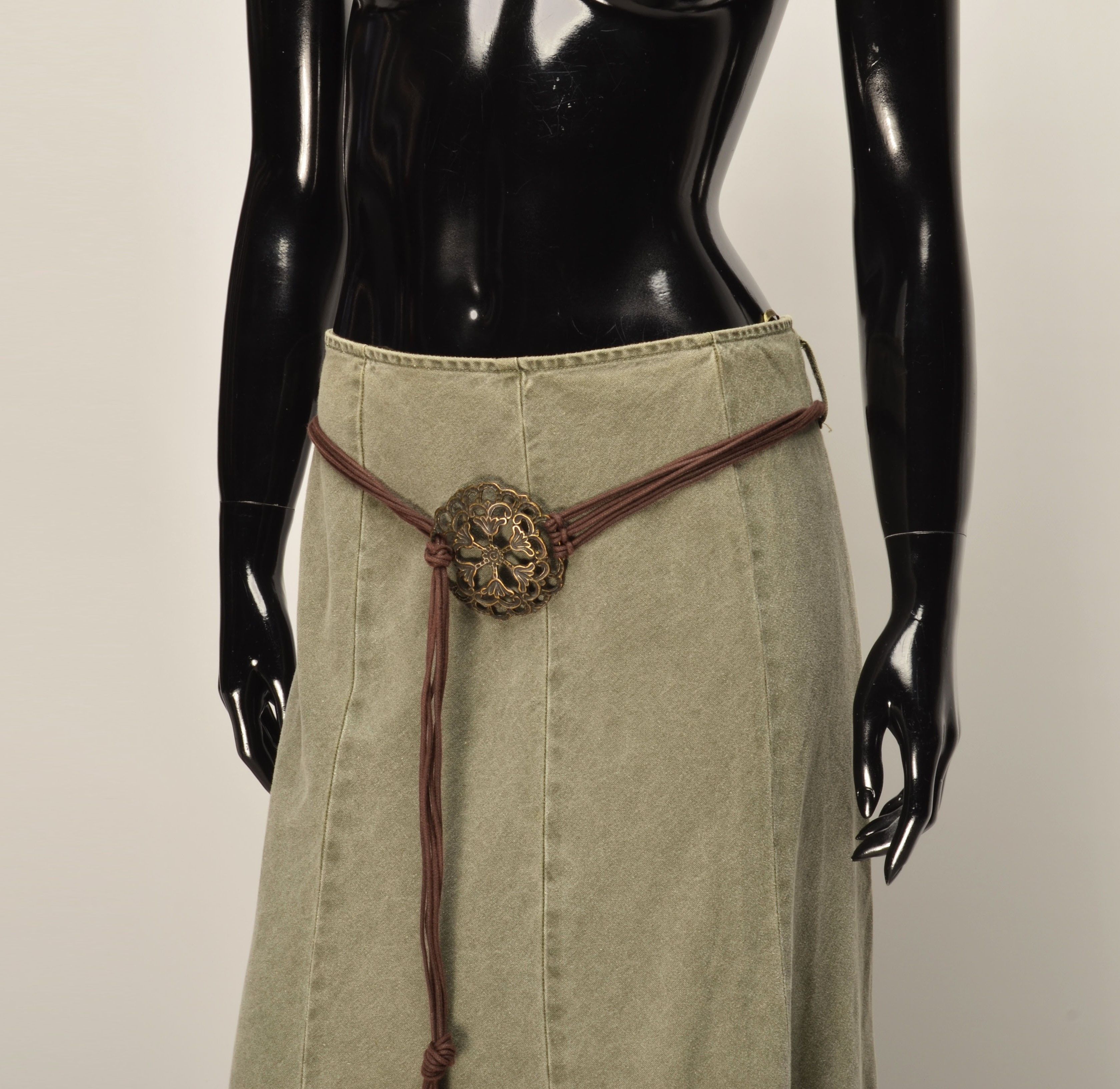 Vintage Per Una Y2K Boho Khaki Flared Midi Skirt with Braided Belt Size 30" / US 8 / IT 44 - 3 Thumbnail