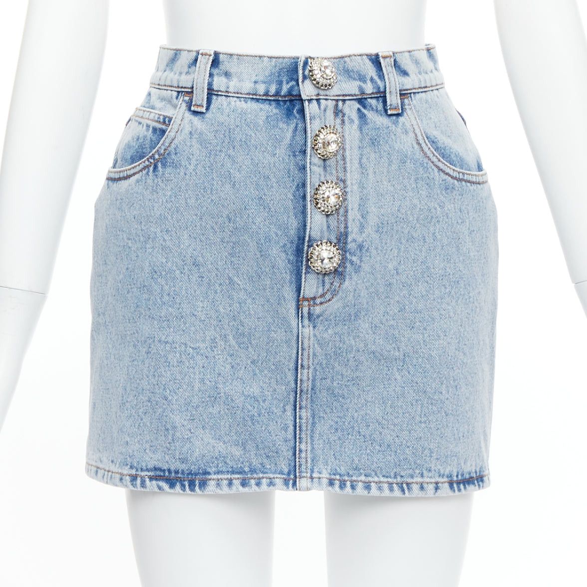 Alessandra Rich ALESSANDRA RICH blue washed denim clear crystal embellished mini skirt 26‚Äù Size 27" / US 4 / IT 40 - 1 Thumbnail
