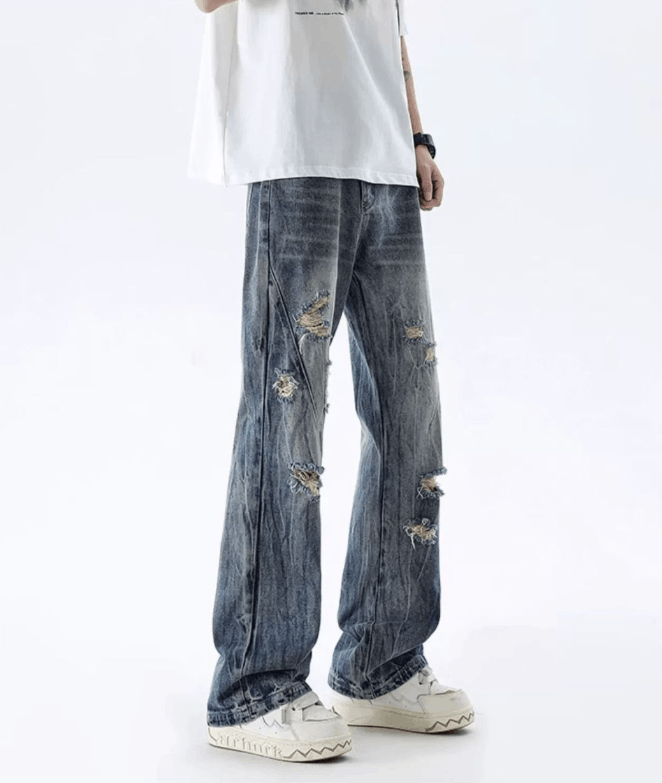 Jean Street men's heavy washed distressed ripped flared jeans Size US 32 / EU 48 - 2 Thumbnail