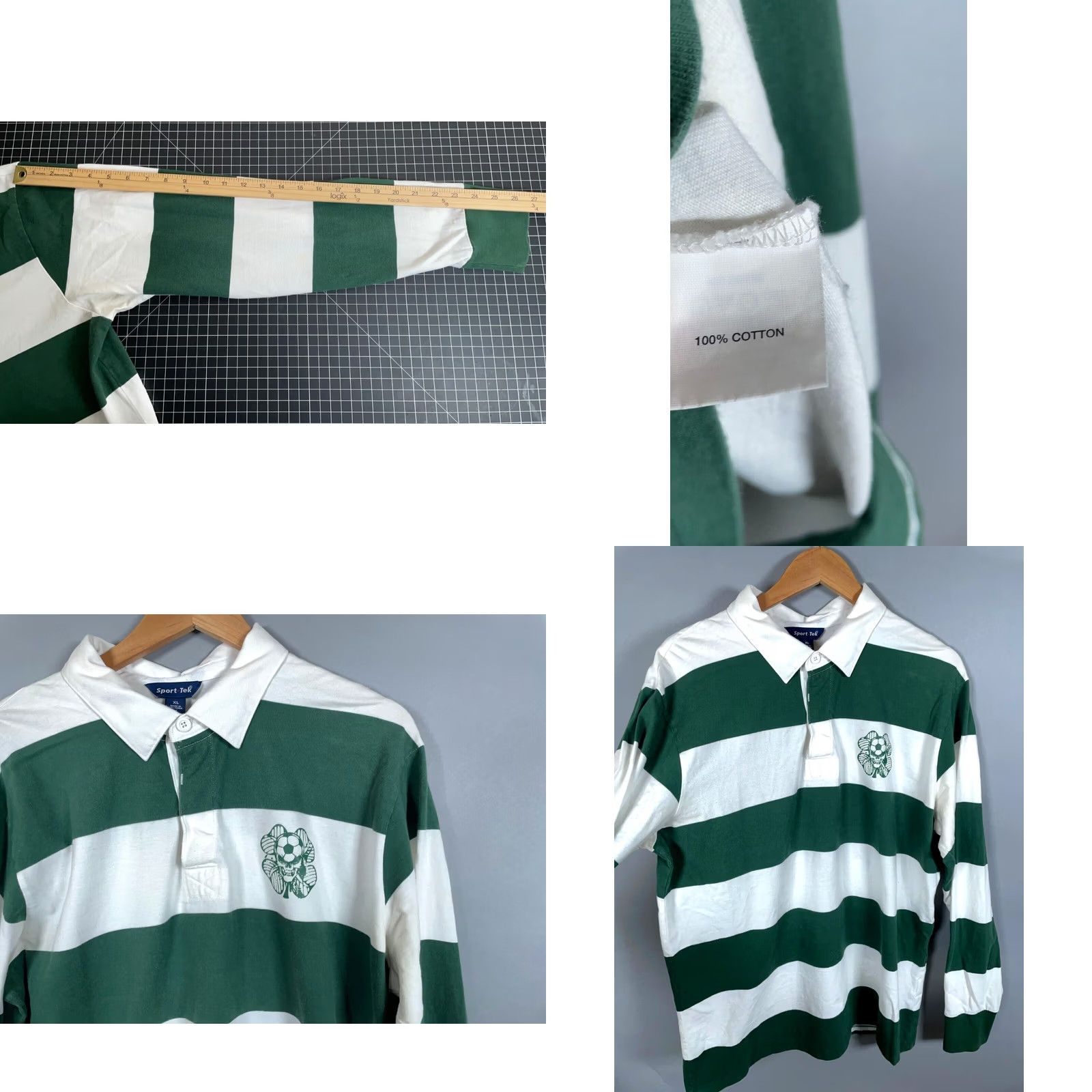 Vintage Sport-Tek Rugby Shirt Men XL White Green Striped Skull Four Leaf Clover Print Polo Size US XL / EU 56 / 4 - 8 Thumbnail