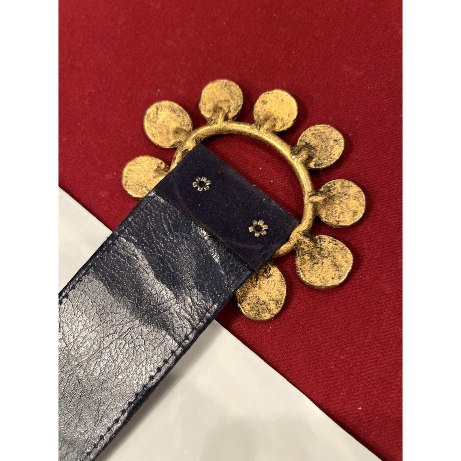 Velvet VINTAGE blue Velvet BELT 34”long Wide 2” Buckle Copper Disc LOOP Golden Circle Buckle Navy Blue Velvet Feel Adjustable Women Size ONE SIZE - 5 Thumbnail
