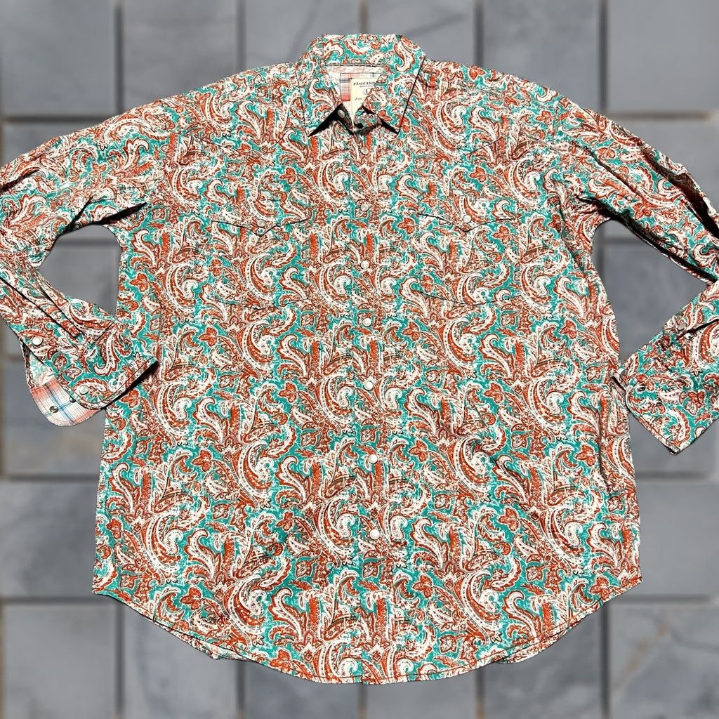 Vintage Panhandle Rough Stock Shirt Mens Large Pearl Snap Paisley All Over Print Green L Regular Long Sleeve Men Size US L / EU 52-54 / 3 - 1 Thumbnail