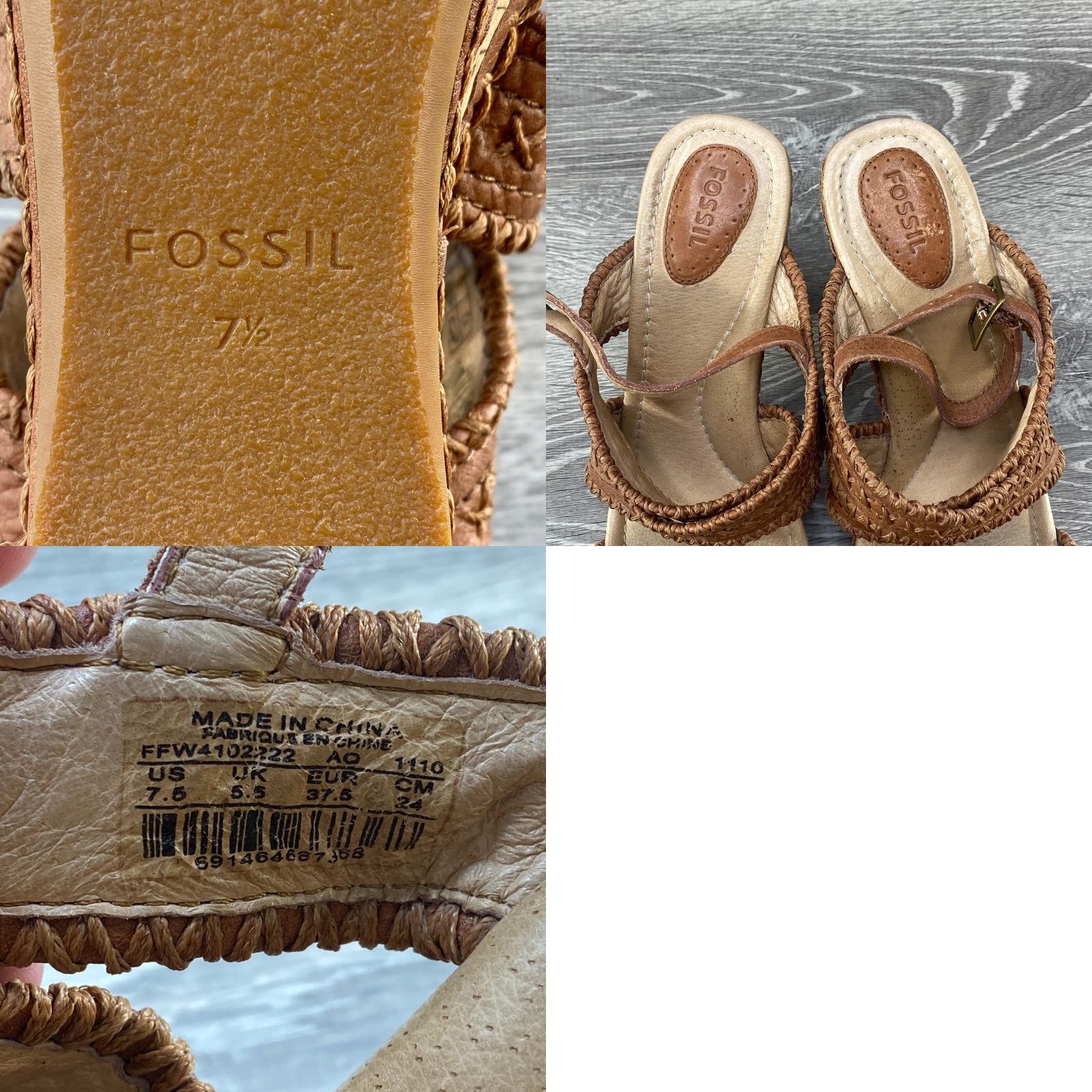 Fossil Fossil Brown Leather Braided Knit Cork 3" Heel Sandal Boho Western Buckle 7.5 Size US 6 / IT 36 - 8 Thumbnail