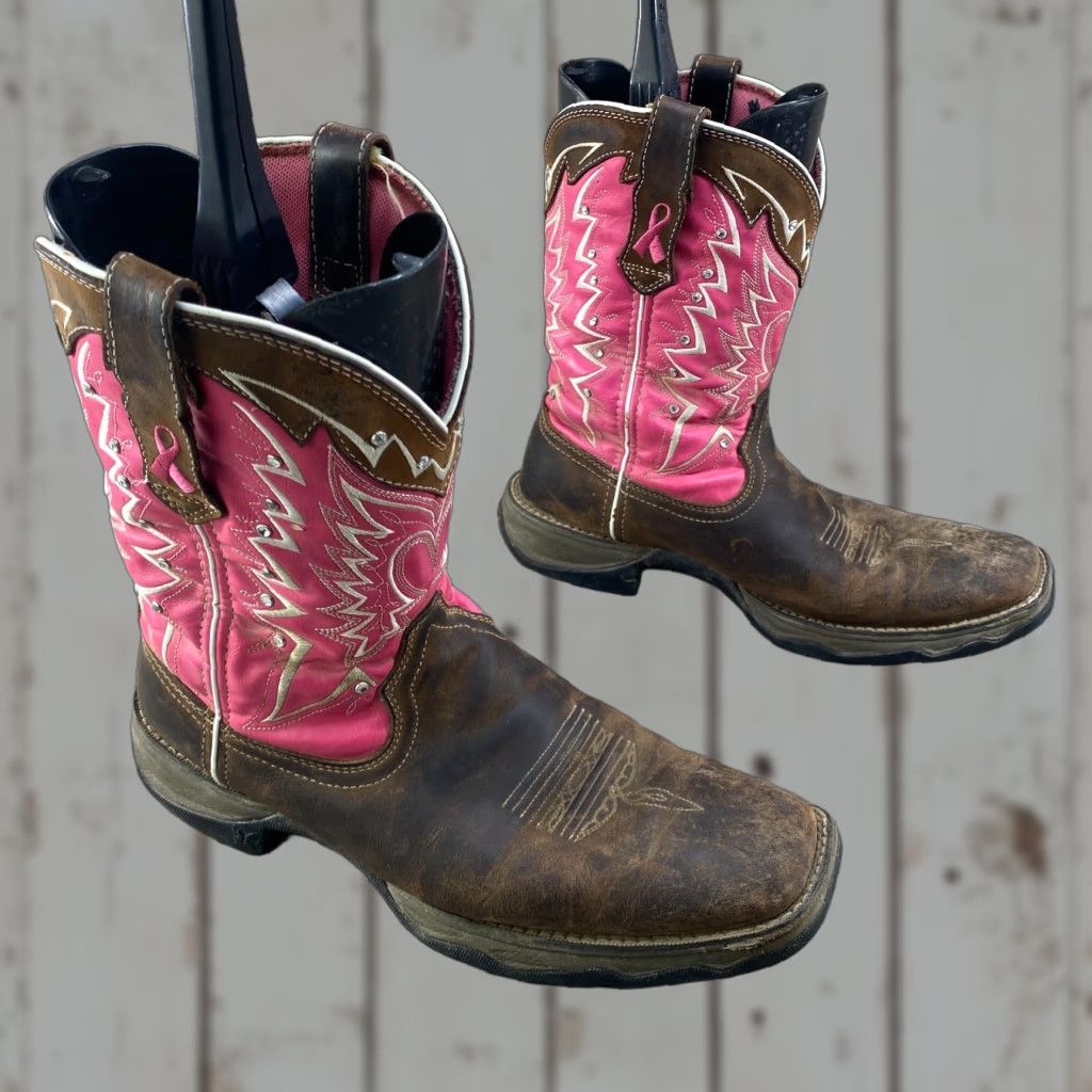 VINTAGE Durango Womens Boots 11 Pink Brown Leather Western Lady Rebel Square Toe Cowboy - Breast Cancer Awareness - Pink Ribbon Womens Shoes