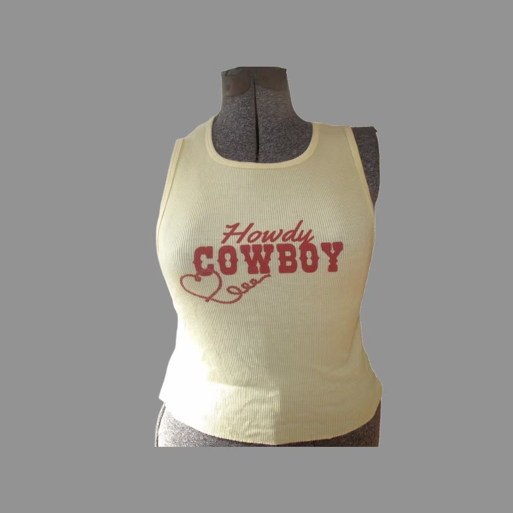 Vintage Hi-Res Howdy Cowboy Ribbed Crop Top Tank Women's L Yellow 100% Cotton Sleeveless Shirt Casual All Seasons (USA Theme) Womens Size L / US 10 / IT 46 - 1 Thumbnail