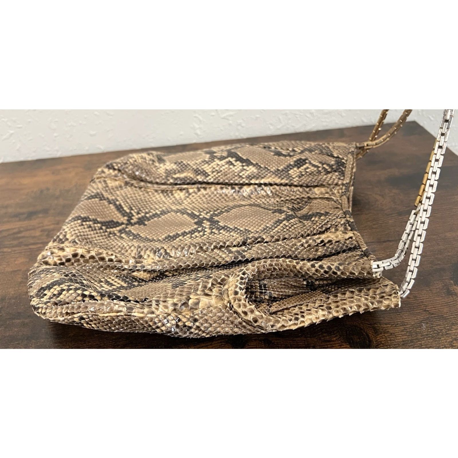 Judith Leiber VINTAGE Judith Leiber Snake Skin Shoulder Bag Gold Silver Chain Strap Women's Medium Tan Brown Gold Snake 70s 80s Evening Day Size ONE SIZE - 3 Thumbnail