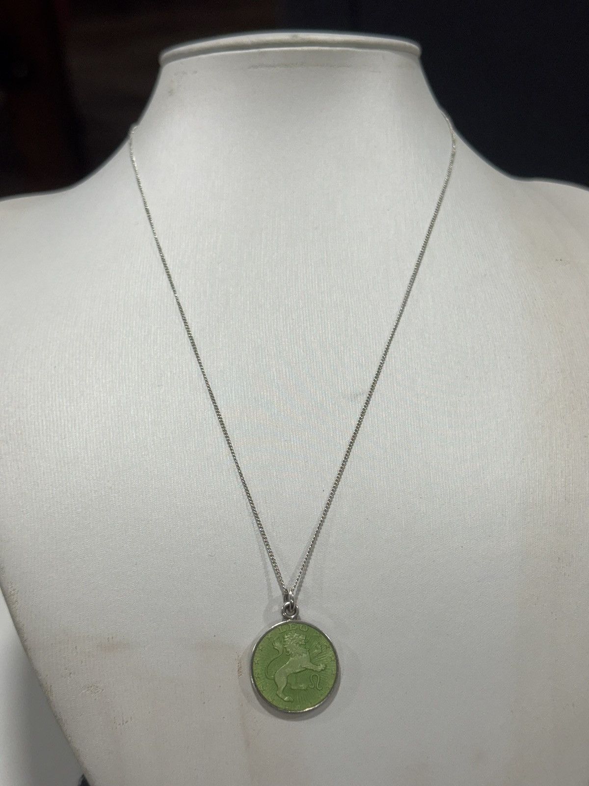 Sterling Silver Silver Leo Zodiac Necklace | Green Enamel Lion Medallion Size ONE SIZE - 1 Thumbnail