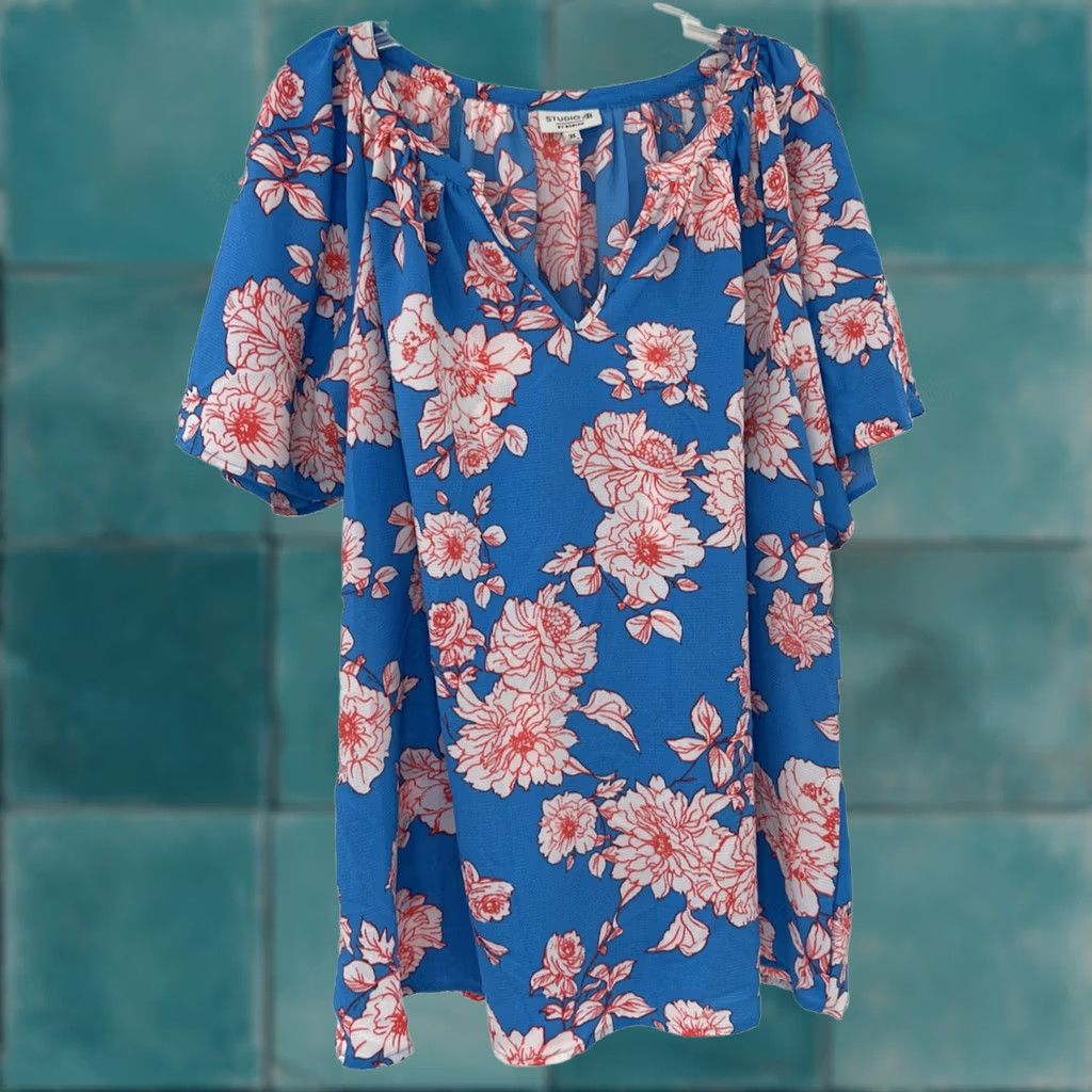 Vintage Bobeau Plus Size Turquoise Blue Floral Peasant Flutter Sleeve Top 3x Size XXL / US 16-18 / IT 52-54 - 1 Thumbnail