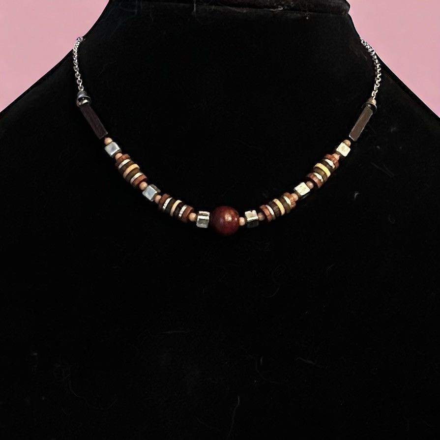Vintage Vintage silver tone wooden bead and silver cube necklace Size ONE SIZE - 1 Thumbnail