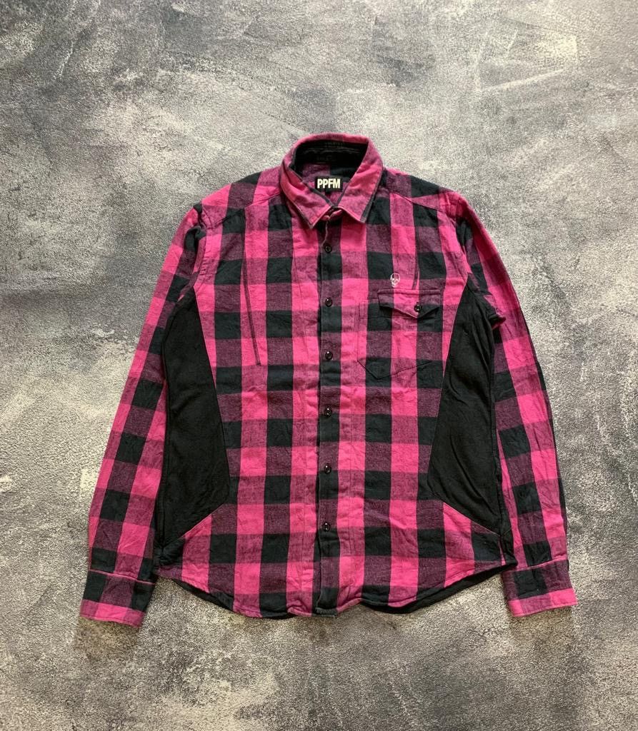 image of Ppfm Checkered Flannel Shirt in Pink Black, Men's (Size Medium)