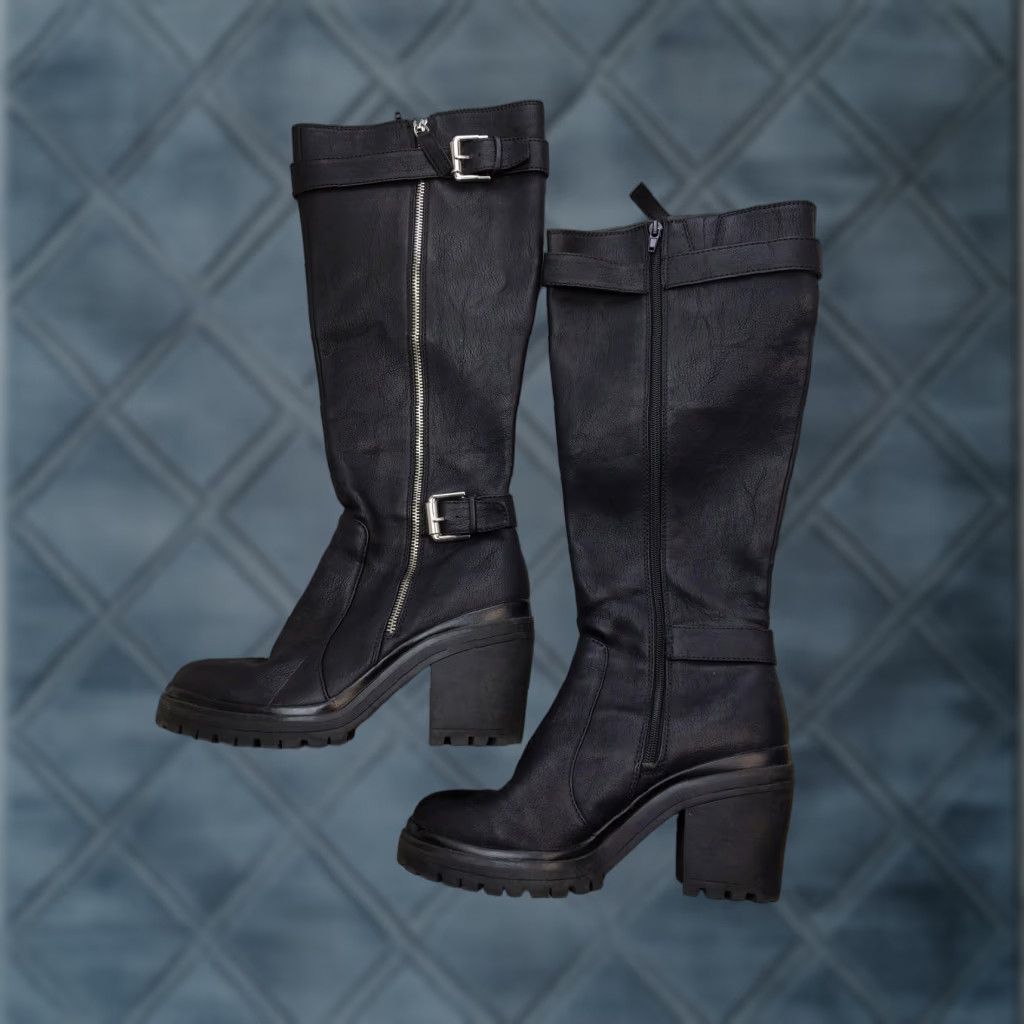 Vintage Biker Boots Womens size 9.5 41 Black Knee High Block Heel Zip Buckle Lug Sole Shoes Size US 10 / IT 40 - 1 Thumbnail