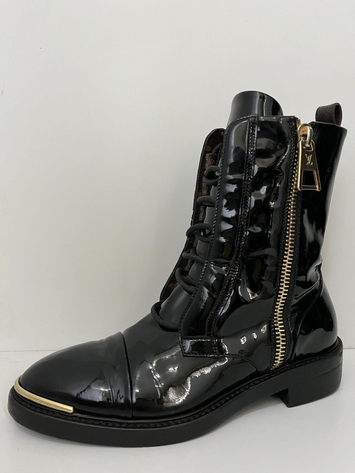 Louis Vuitton Louis Vuitton Patent Calfskin Monogram Macadam Combat Boots Size US 5.5 / IT 35.5 - 1 Thumbnail