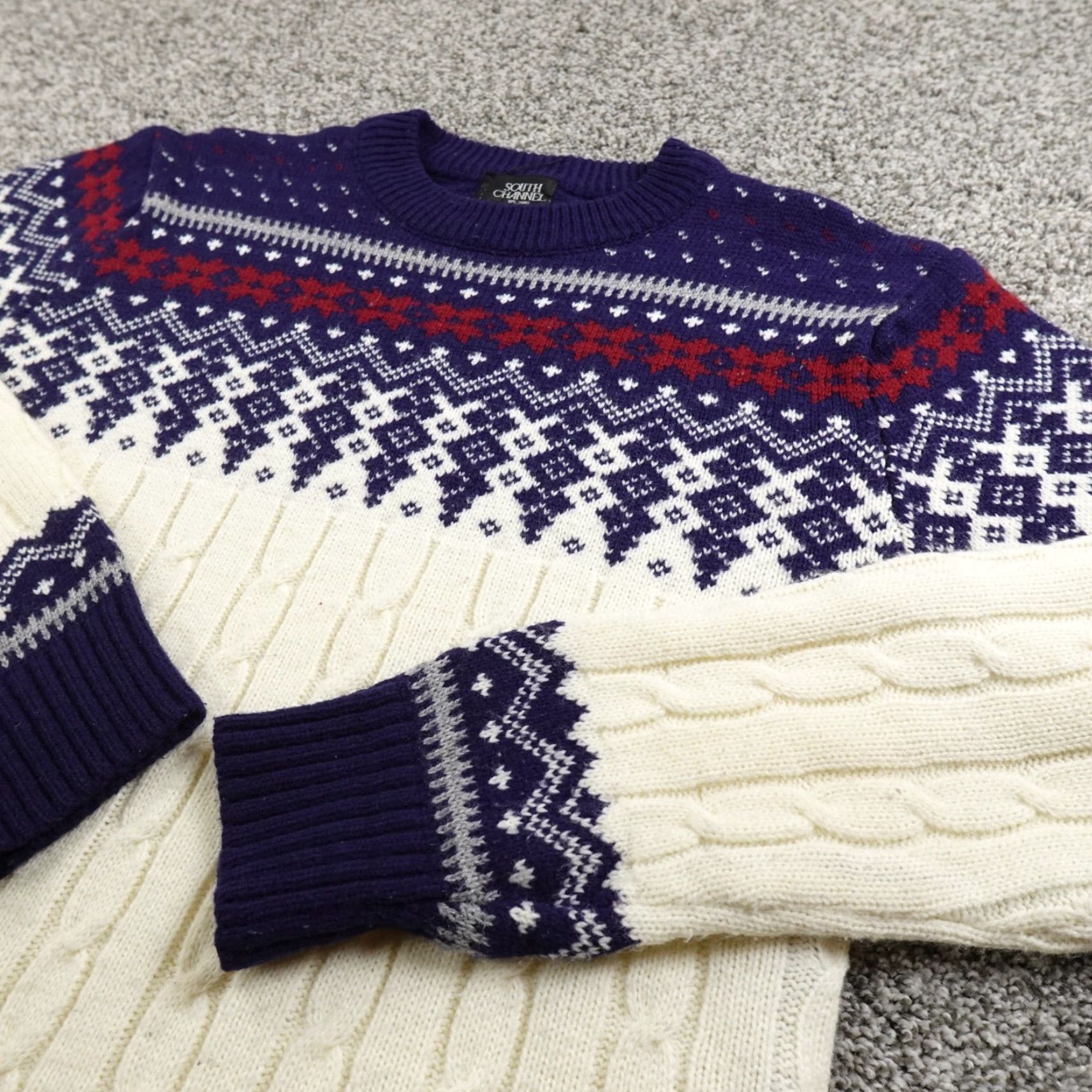 Vintage VTG Cable Knit Sweater Womens M White Blue Nordic Fair Isle Crewneck Sweatshirt Size M / US 6-8 / IT 42-44 - 2 Thumbnail