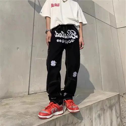 image of Street Wash Black Letter Embroidered Straight Jeans, Men's (Size 32)