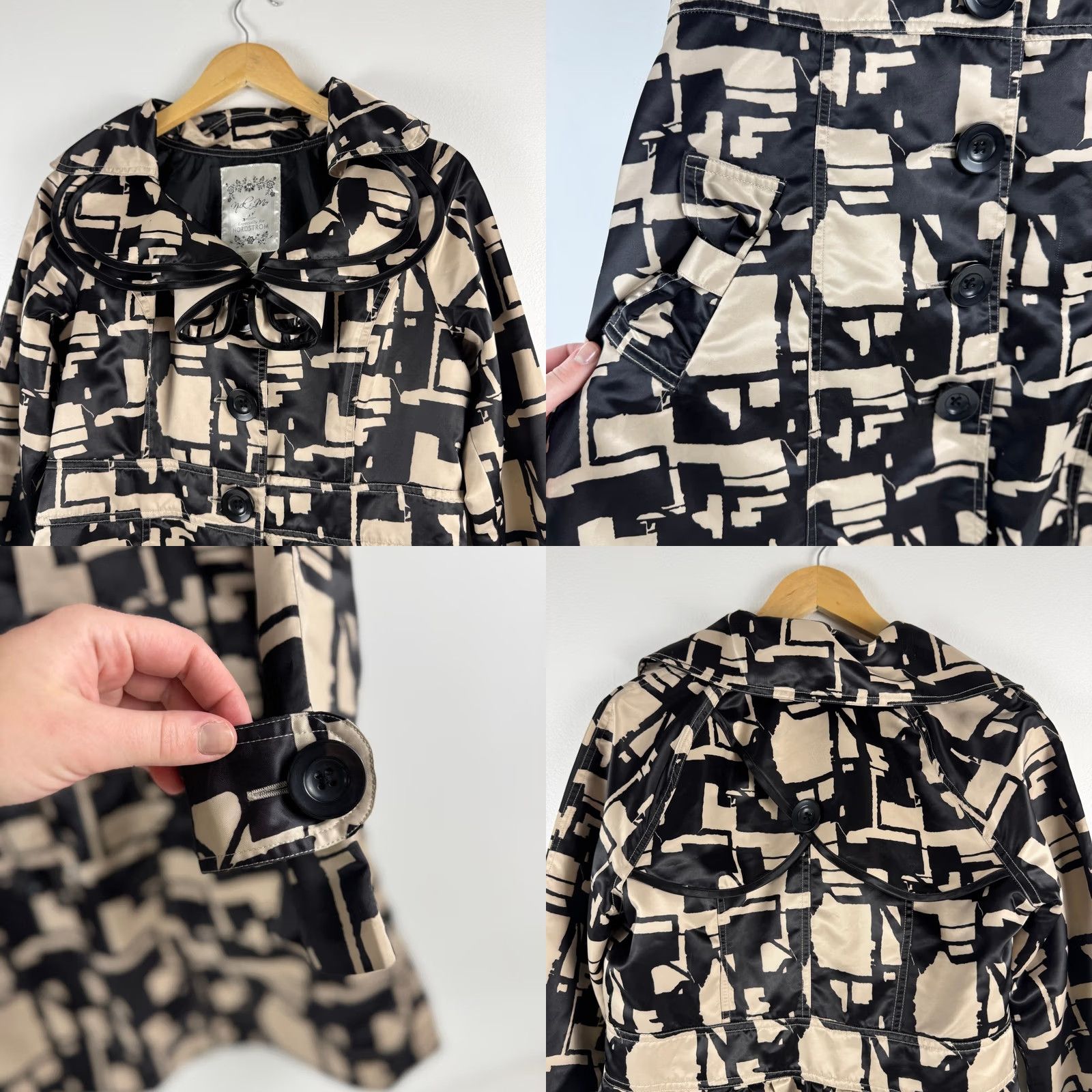 Vintage Nick Mo Nordstrom Womens Trench Coat Geometric Pattern Black Beige M Size M / US 6-8 / IT 42-44 - 8 Thumbnail