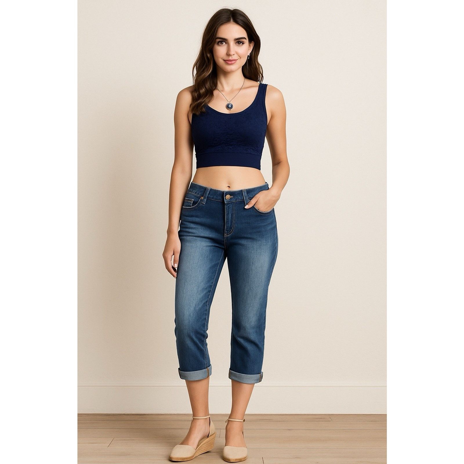 Indigo Love Indigo Jean Women's Size 6 Cuffed Capri Bling Size 28" / US 6 / IT 42 - 14 Thumbnail