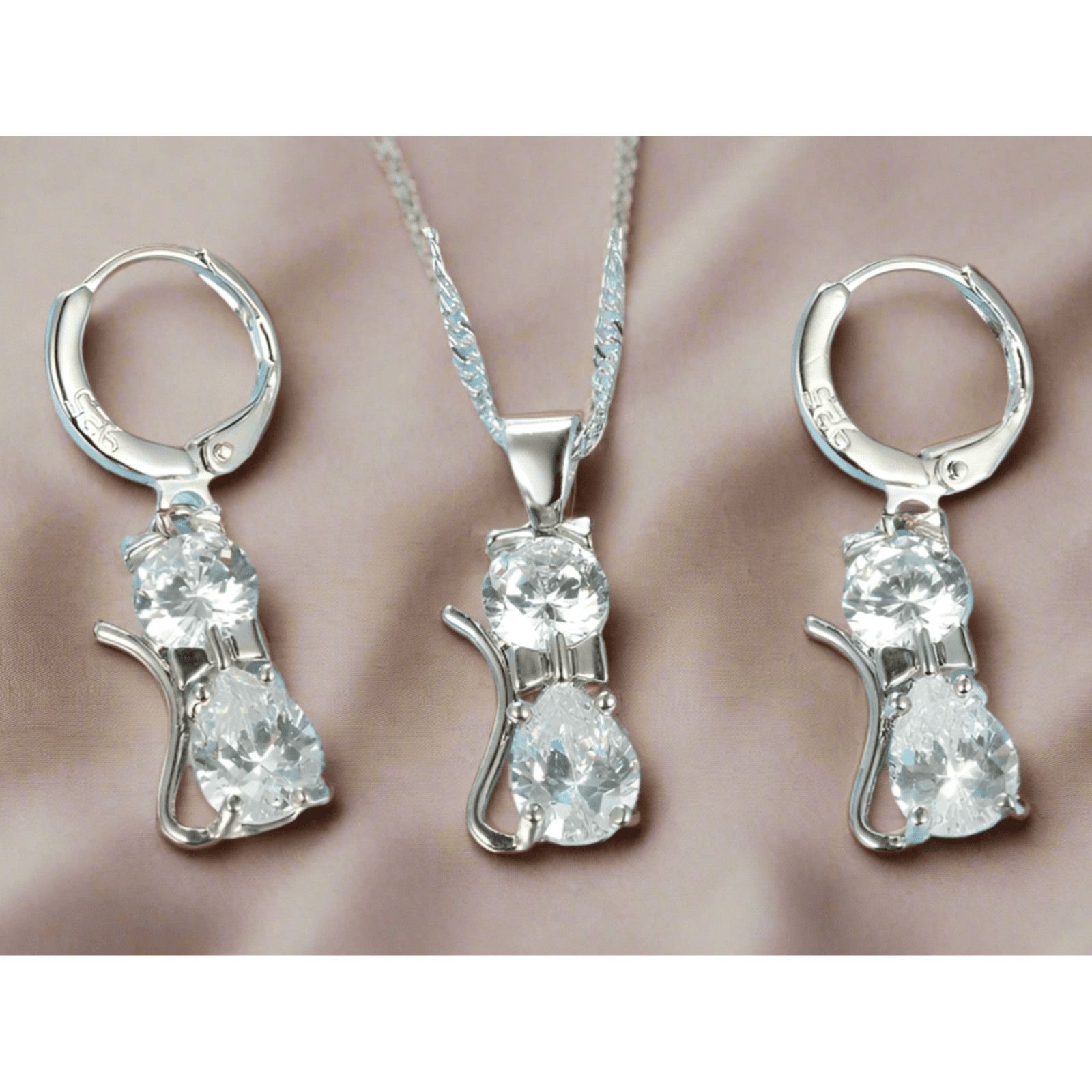 Designer PINK Crystal Cat Silver Necklace Cubic Zirconia Crystal Size ONE SIZE - 7 Thumbnail