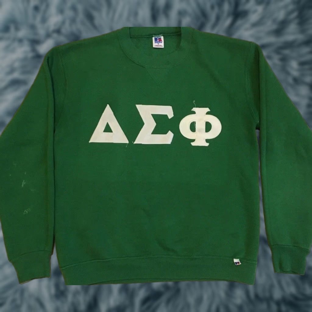 VINTAGE Russell Athletic Delta Sigma Phi Frat Hoodie S Green 80s 90s Grunge Distressed Pullover Reverse Weave Men