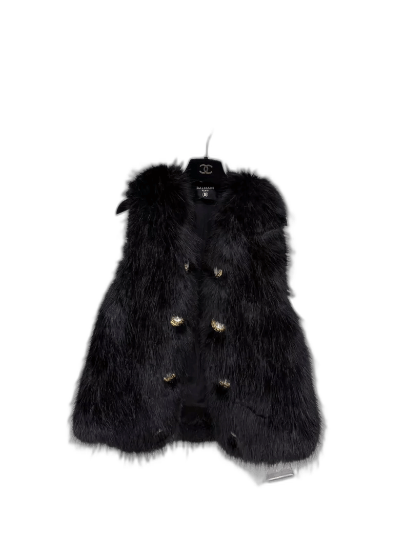 Balmain Black Fur Vest with Gold Buttons