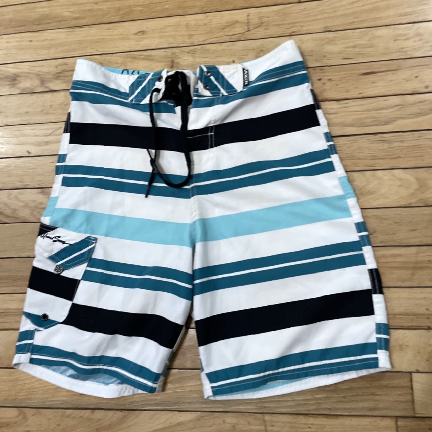 AQUA VINTAGE Maui and Sons Swim Trunks Mens 30 Teal Blue Aqua White Striped Surf Board Shorts Size US 30 / EU 46 - 2 Thumbnail