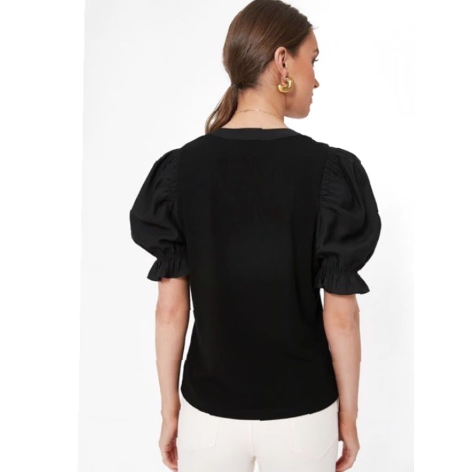 Vintage Tuckernuck Livia Top Black Puff Sleeve Henley Knit Tee Short Sleeve Ribbed Polyester Rayon Spandex T-Shirt Womens Small NWOT Size S / US 4 / IT 40 - 3 Thumbnail