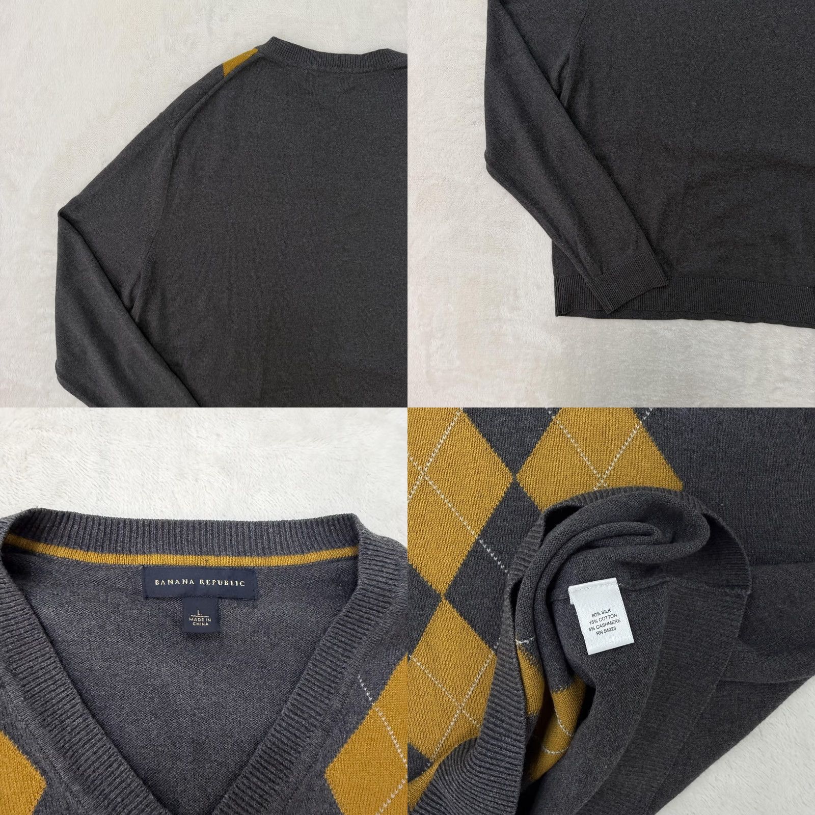 Banana Republic Banana Republic Sweater Mens Large Gray Silk Cashmere Argyle Slim Fit V-Neck Pullover Knit Winter Casual Mens Size US L / EU 52-54 / 3 - 9 Thumbnail