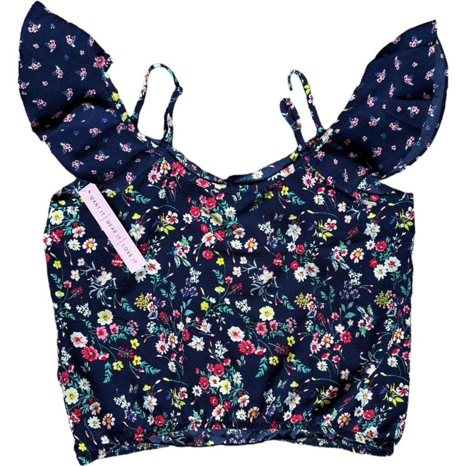 Other Crave Fame Navy Floral Cold-Shoulder Crop Top, L Size L / US 10 / IT 46 - 3 Thumbnail