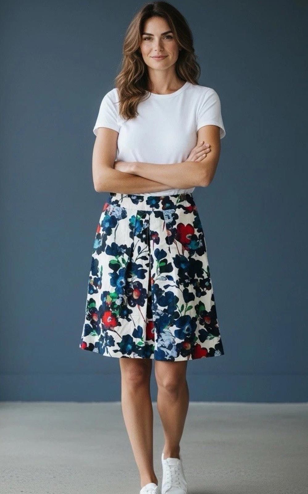 Portland Leather Jacqui E White Floral Skirt Silk Cotton Blend - Size 6 Size 26" / US 2 / IT 38 - 1 Thumbnail