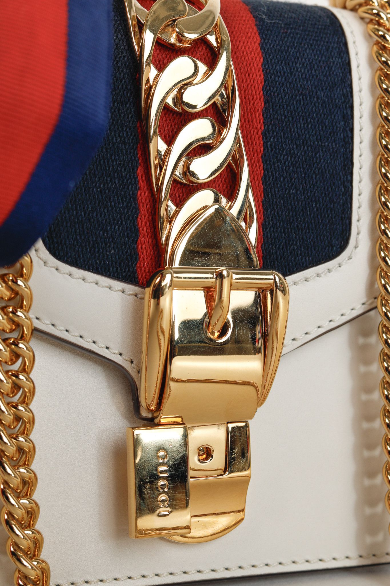 Gucci Gucci Sylvie Mini Chain White Leather Stripe-Web Bag Size ONE SIZE - 11 Thumbnail