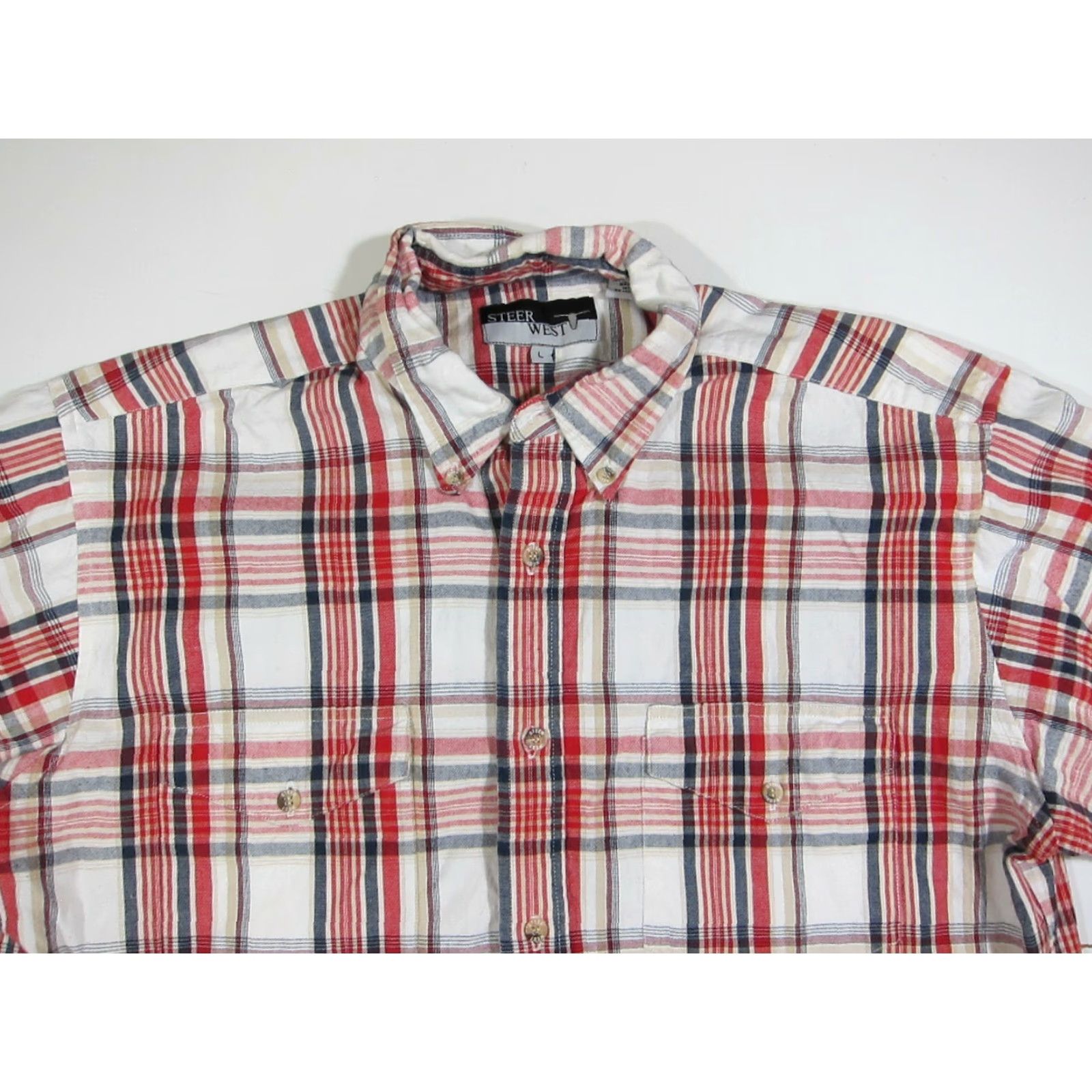 Vintage Steer West Shirt Plaid Short Sleeve Button Up 100% Cotton Red White Blue Large Mens Size US L / EU 52-54 / 3 - 5 Thumbnail