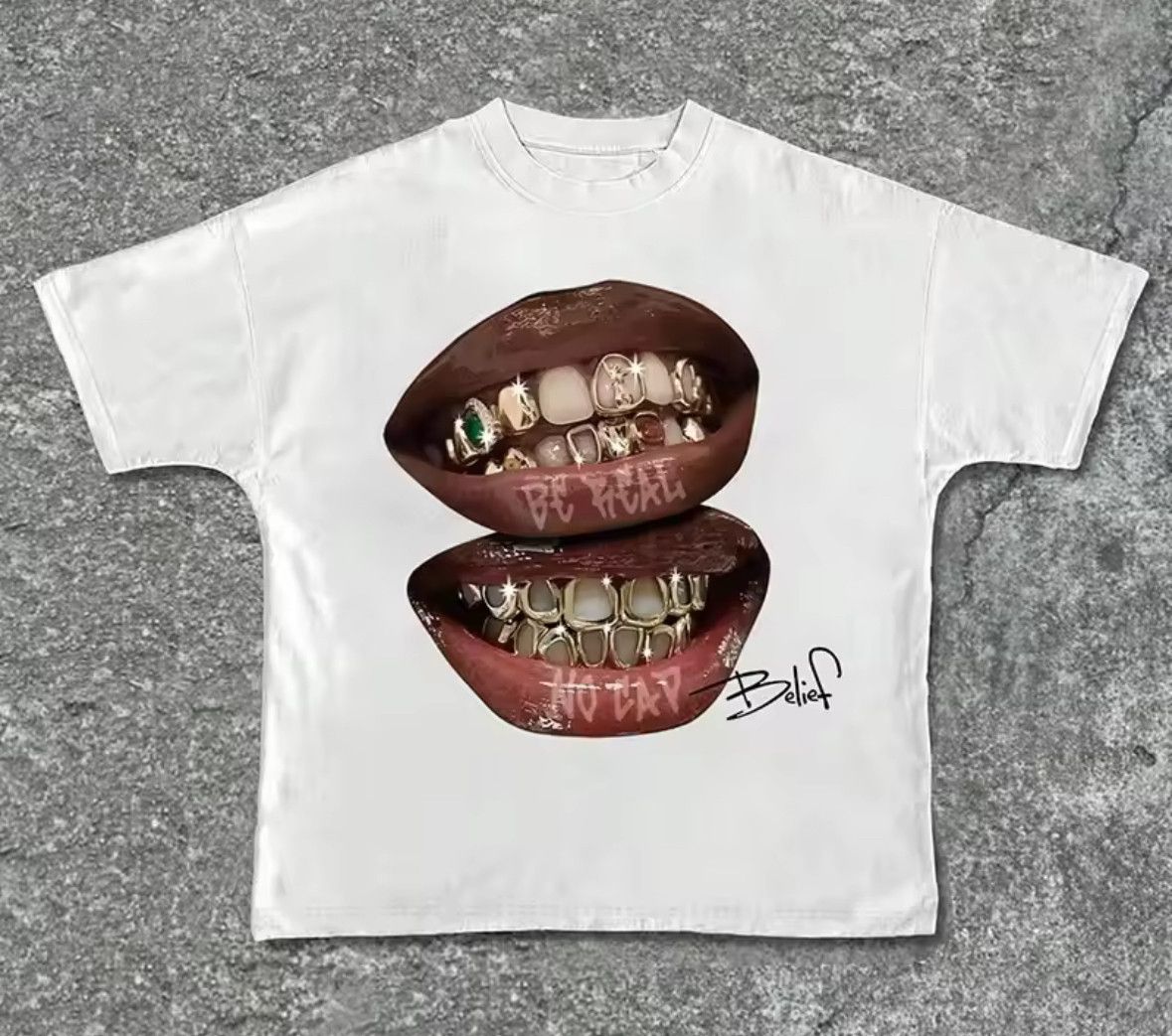 Other Street Retro Punk Chic Lips Golden Teeth White T-Shirt Size US XL / EU 56 / 4 - 1 Thumbnail