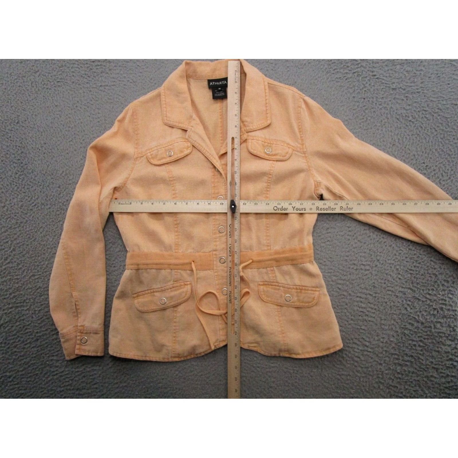 Athleta VINTAGE Athleta Jacket Women M Orange Linen Twill Pockets Cinch Snap Button Long Sleeve Mid-Length Casual Workwear Size M / US 6-8 / IT 42-44 - 3 Thumbnail