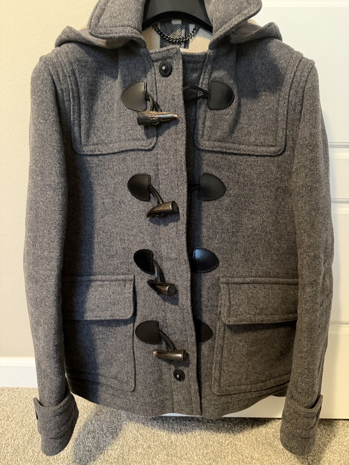 Burberry Brit Wool Duffle Coat Gray Toggle Closure