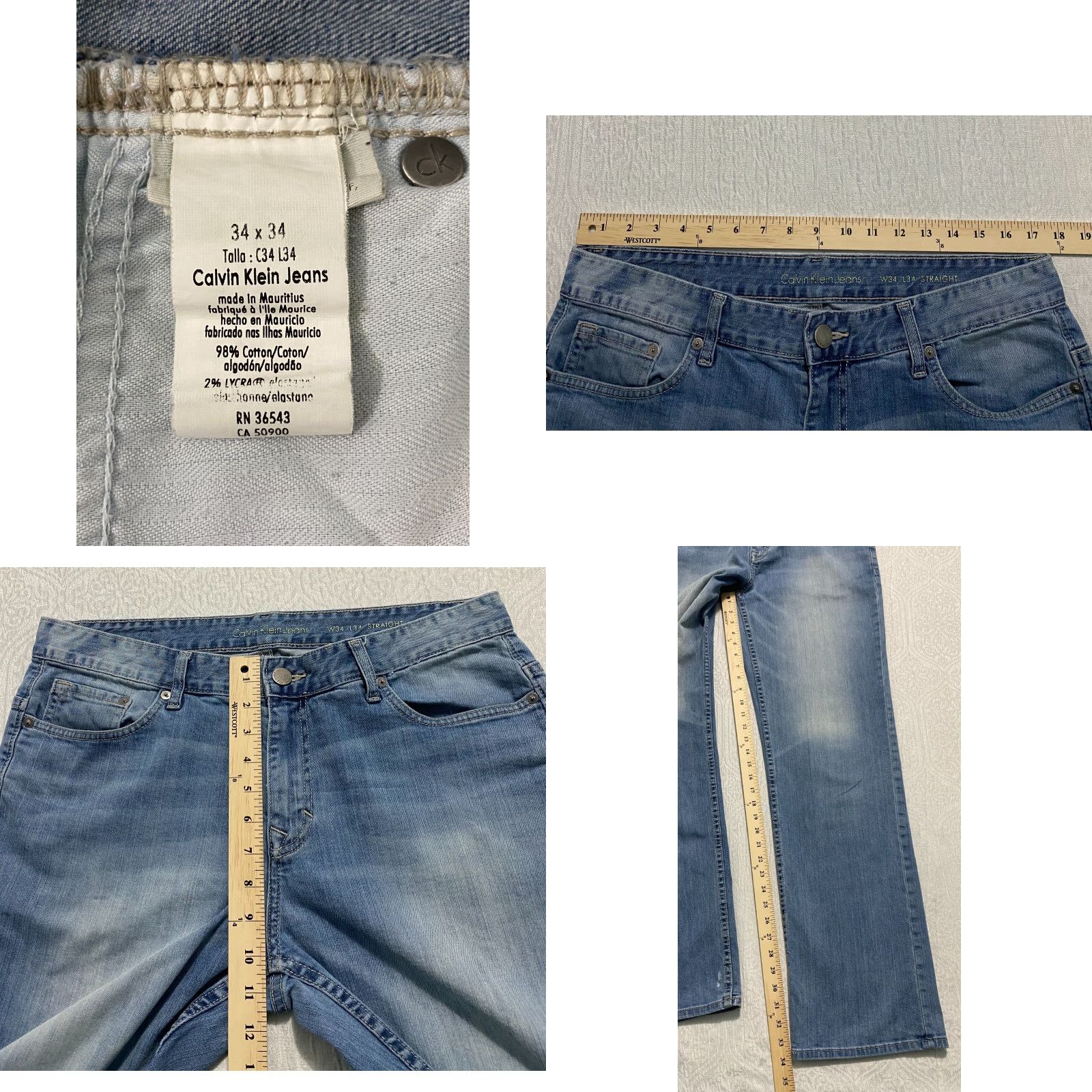 Calvin Klein Calvin Klein Jeans Mens Regular Fit 34 Jeans 34x34 Denim Blue Distressed 5-Pocket Straight Denim USA Jeans Mens Size US 34 / EU 50 - 8 Thumbnail