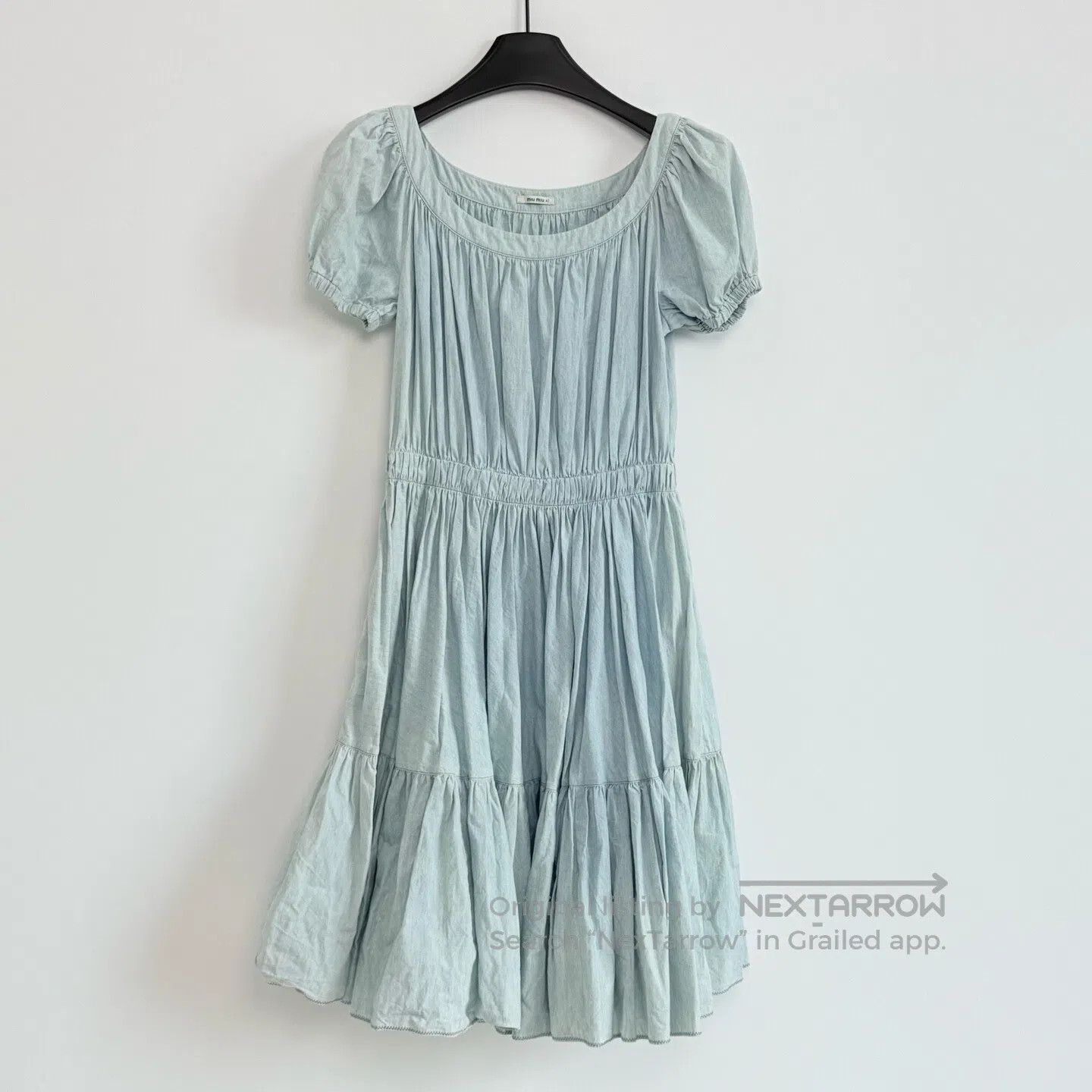 Miu Miu Light Blue Washed Cotton Square Neck Puff Sleeve T