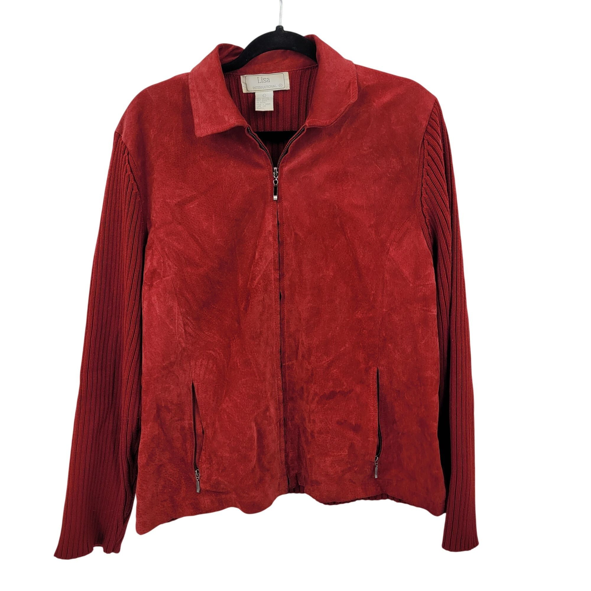 Vintage Vtg Red Ribbed Knit Long Sleeve Suede Sweater Jacket Shacket Size L / US 10 / IT 46 - 11 Thumbnail
