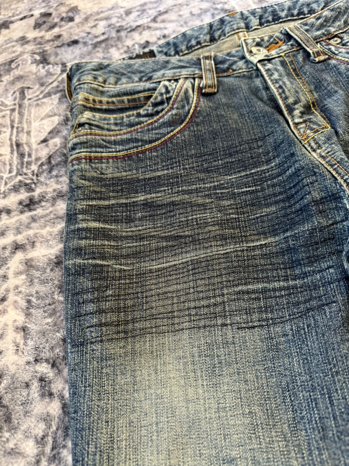 Le Grande Bleu (L.G.B.) Happy Face Contrast Stitch Whiskered Bootcut Flared Jeans Size US 28 / EU 44 - 6 Thumbnail