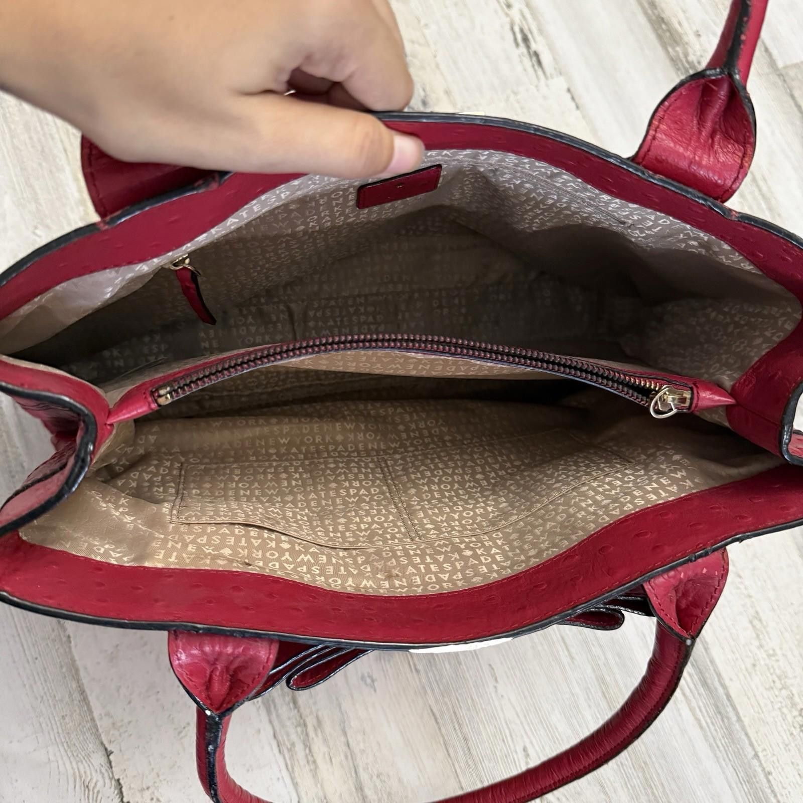 Designer Kate Spade Large Red Leather Ostrich Embossed Tote Bag Size ONE SIZE - 5 Thumbnail