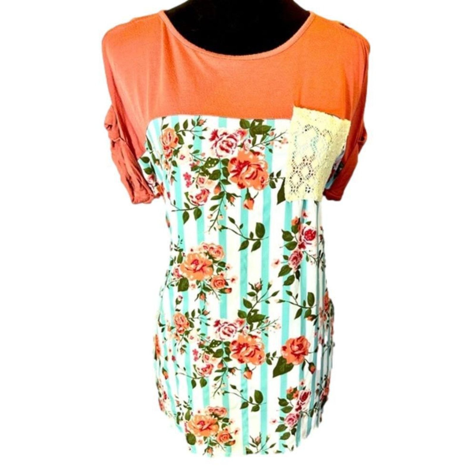 Designer Self Esteem Floral Striped Tunic with Lace Pocket Size M / US 6-8 / IT 42-44 - 1 Thumbnail