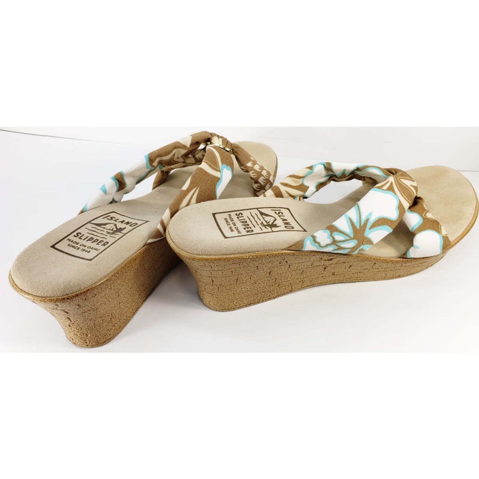 Vintage Island Slipper Sandal Women's 10M Brown Blue White Tropical Floral Patterned Fabric Straps Slide Wedge Sandal Size US 10 / IT 40 - 4 Thumbnail