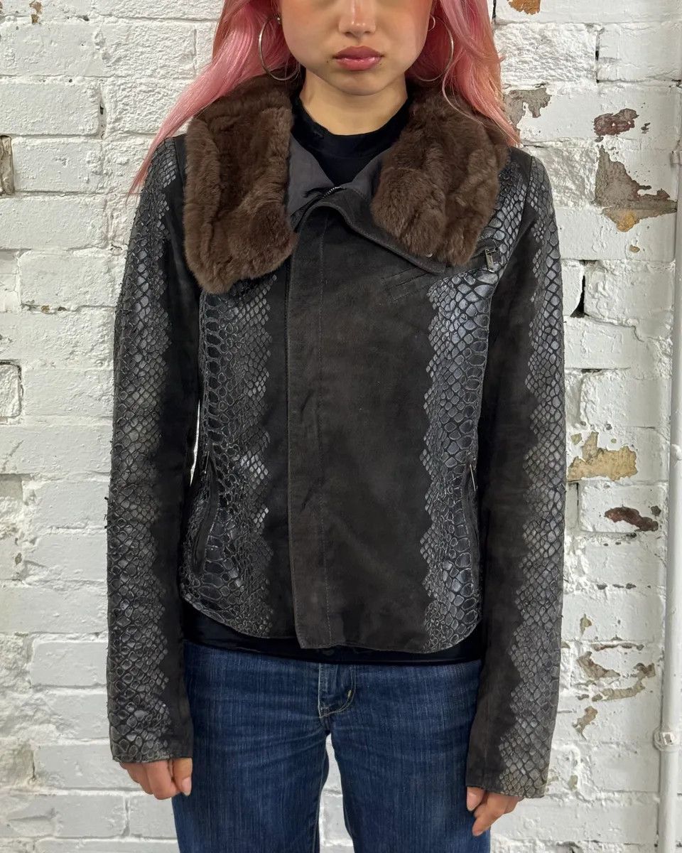 Emporio Armani AW2008 Emporio Armani Black Leather Fur Collar Snake Skin Effect Jacket Size M / US 6-8 / IT 42-44 - 3 Thumbnail