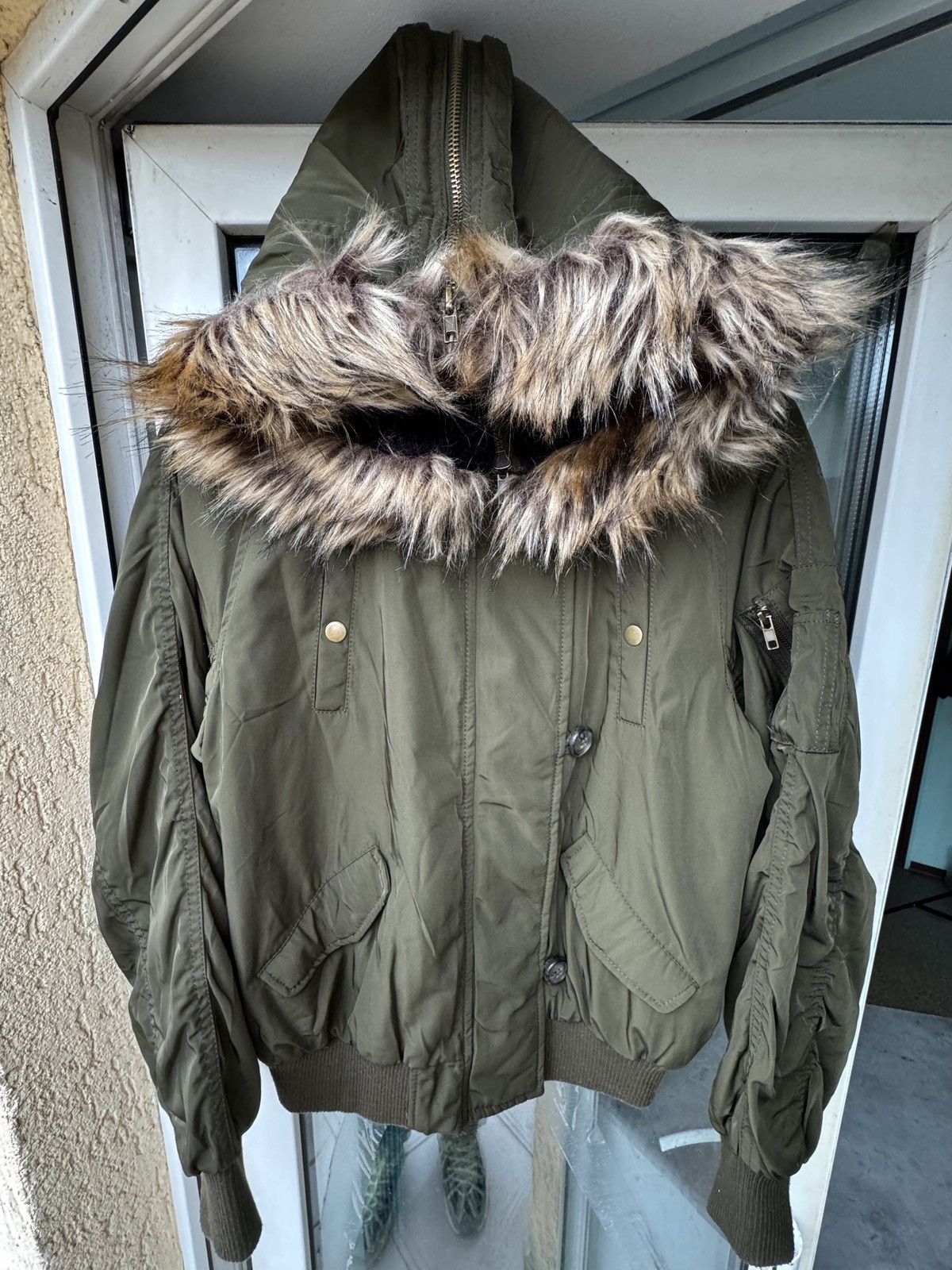Vintage Japanese Fur Zip Hood Nylon Jacket Bomber